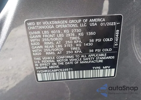 2023 Volkswagen Atlas 3.6L V6 Se W/Technology из США, поврежденный, VIN 1V2HR2CA8PC526571